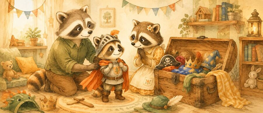Familia de mapaches en un cuarto cálido probándose un disfraz de caballero de juguete, estética de acuarela Waldorf tierna